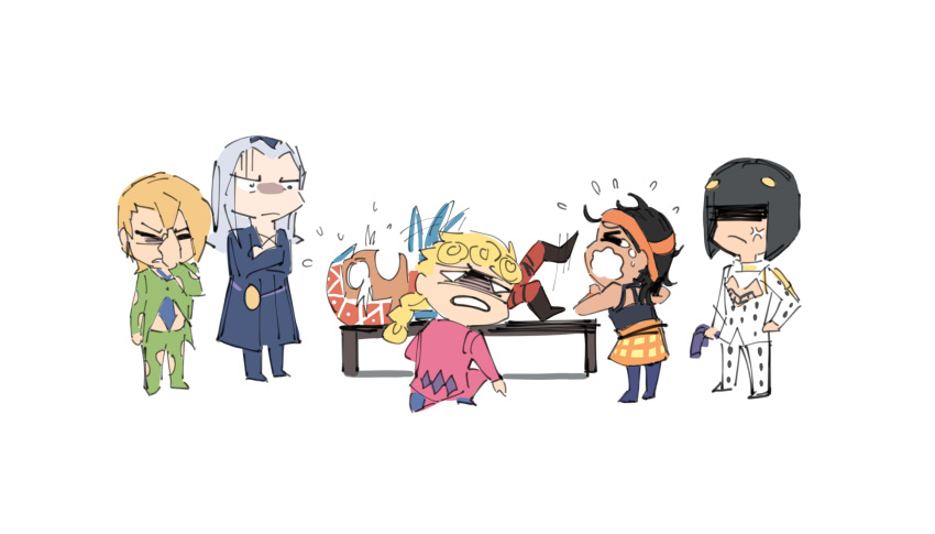 6+boys anger_vein bench black_hair blonde_hair bob_cut bruno_buccellati chibi clothing_cutout crossed_arms crying facepalm giorno_giovanna grey_hair guido_mista gun hat highres holding holding_gun holding_weapon jojo_no_kimyou_na_bouken leone_abbacchio multiple_boys narancia_ghirga norue pannacotta_fugo parody scene_reference shaded_face tears vento_aureo weapon