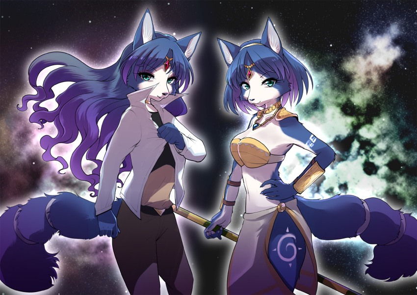 2girls :3 adjusting_clothes animal_ear_fluff animal_ears animal_nose aqua_eyes arm_tattoo armor bandeau bangs belt blue_fur blue_hair body_fur border breasts brown_pants choker circlet claws cleavage clenched_hand closed_mouth cloud collarbone commentary crystal dual_persona english_commentary error eyebrows_visible_through_hair fang fox_ears fox_girl fox_tail gold gradient_hair hand_on_hip hand_up happy high_collar highres holding holding_polearm holding_weapon jacket jewelry krystal leg_tattoo loincloth long_hair looking_at_viewer medium_breasts multicolored_hair multiple_girls namagaki_yukina navel necklace open_clothes open_jacket open_mouth outline pants polearm purple_hair ruby_(gemstone) sapphire_(gemstone) shiny shiny_hair shirt short_hair shoulder_armor sky smile snout space spear standing star_(sky) star_fox star_fox_adventures starry_sky stomach tail tail_ornament tail_ring tattoo tribal two-tone_fur two-tone_hair v-shaped_eyebrows vambraces weapon white_border white_fur white_jacket white_outline yellow_choker