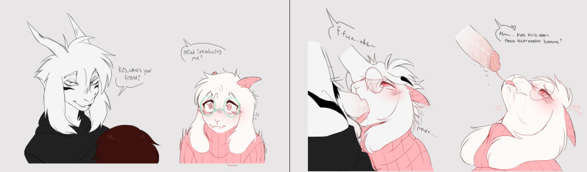 &lt;3 &lt;3_eyes 2_horns absurd_res anthro anthro_on_anthro asriel_dreemurr_(god_form) bodily_fluids bovid caprine clothing cum cum_in_mouth cum_inside cum_on_face deltarune dialogue duo english_text eyewear fellatio floppy_ears fur genital_fluids genitals glasses goat hi_res horn human humanoid_genitalia humanoid_penis kris_(deltarune) looking_at_viewer male male/male mammal myoukky nervous oral penile penis pink_clothing pink_eyes pink_horn pink_sweater pink_topwear ralsei sex size_difference sweater text topwear two_panel_image undertale undertale_(series) video_games white_body white_fur