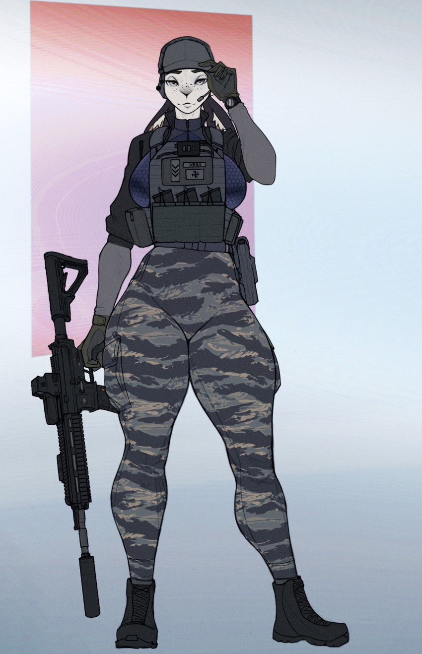 anthro armor assault_rifle boots clothing combat_gear female footwear gun headgear helmet hi_res lagomorph leporid mammal orinvega rabbit ranged_weapon rifle simple_background solo weapon