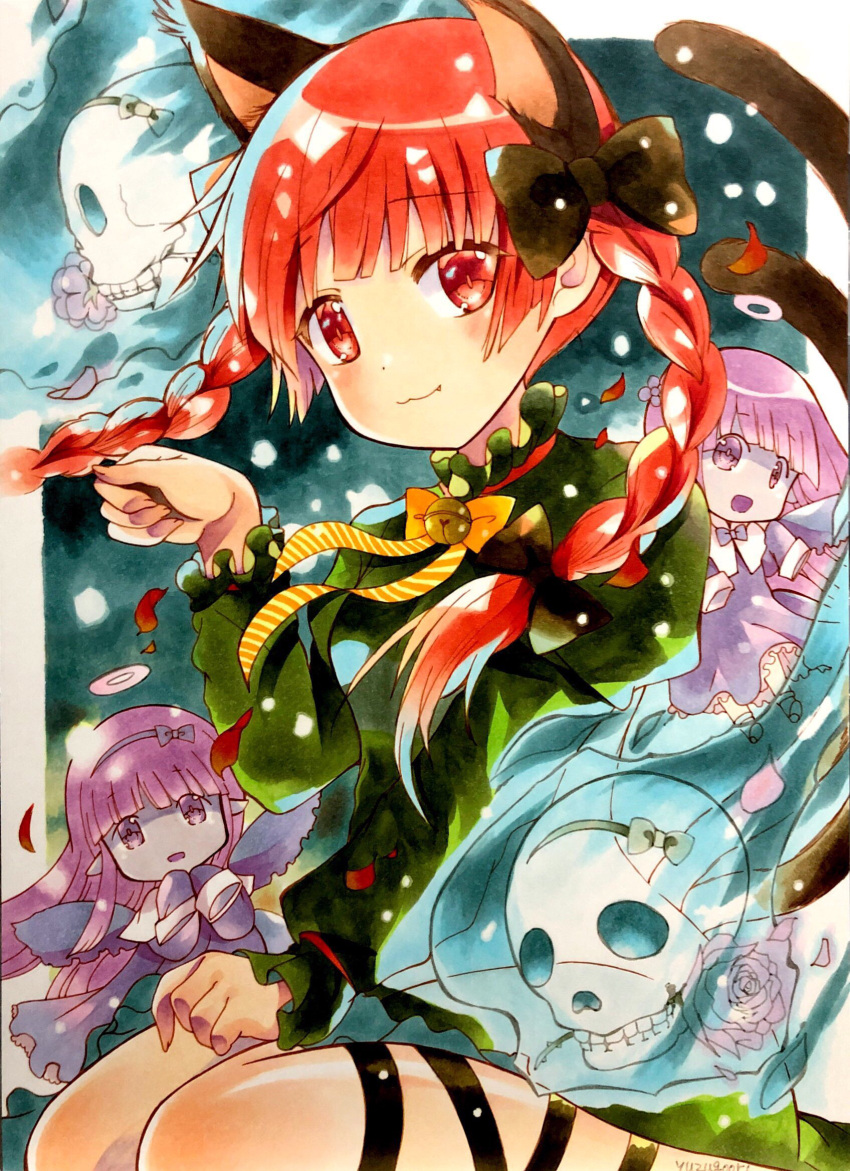 3girls :3 animal_ears artist_name bell black_bow black_ribbon blue_fire bow bowtie braid cat_ears cat_tail dress extra_ears fairy_wings fang fire flaming_skull floating_skull flower flower_in_mouth ghost green_dress highres hitodama kaenbyou_rin leg_ribbon long_hair marker_(medium) multiple_girls multiple_tails neck_bell paw_pose puffy_sleeves purple_dress purple_hair red_eyes red_hair ribbon seiza sitting skull slit_pupils smile sparkle_background tail touhou traditional_media twin_braids two_tails wings yellow_bow yuzugoori zombie_fairy_(touhou)