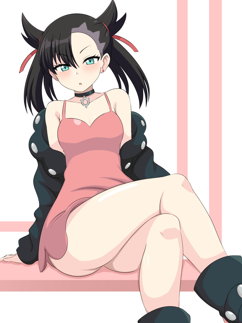 1girl :o absurdres asymmetrical_bangs bangs bare_shoulders black_choker black_footwear black_hair black_jacket blush boots breasts choker cleavage collarbone crossed_legs dress feet_out_of_frame green_eyes hair_ribbon highres jacket kuro_hopper legs looking_at_viewer marnie_(pokemon) off_shoulder open_mouth pendant_choker pink_dress pokemon pokemon_(game) pokemon_swsh red_ribbon ribbon short_dress sitting solo spaghetti_strap thighs twintails two_side_up