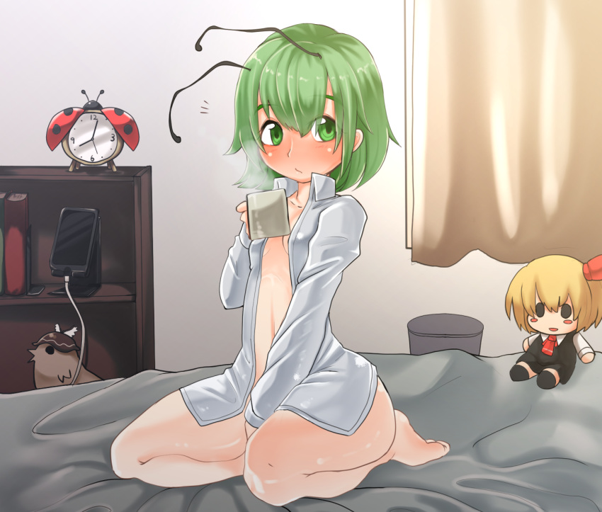 1girl alarm_clock antennae bangs between_legs blush book bottomless breasts bug cellphone character_doll charging_device clock collared_shirt commentary_request cup curtains full_body green_eyes green_hair hair_between_eyes hand_between_legs holding holding_cup indoors ladybug looking_at_viewer mug mystia_lorelei mystia_lorelei_(bird) naked_shirt notice_lines on_bed open_clothes open_shirt phone rumia seiza shelf shirt short_hair sitting small_breasts smartphone solo thighs touhou trash_can unimamo white_shirt wriggle_nightbug