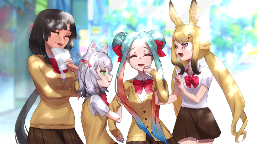 4girls absurdres animal_ears anon_non anon_non_(artist) aqua_eyes aqua_hair black_hair blonde_hair braid braided_bun clip_studio_paint_(medium) closed_eyes dark_skin fish_girl gradient_hair hair_ornament hairclip height_difference highres kamizuki_naki lamia looped_braids monster_girl multicolored_hair multiple_girls nagare_sara notched_ear painting prism_project rabbit_girl school_uniform silver_hair streaked_hair ushio_sumi virtual_youtuber wolf_girl