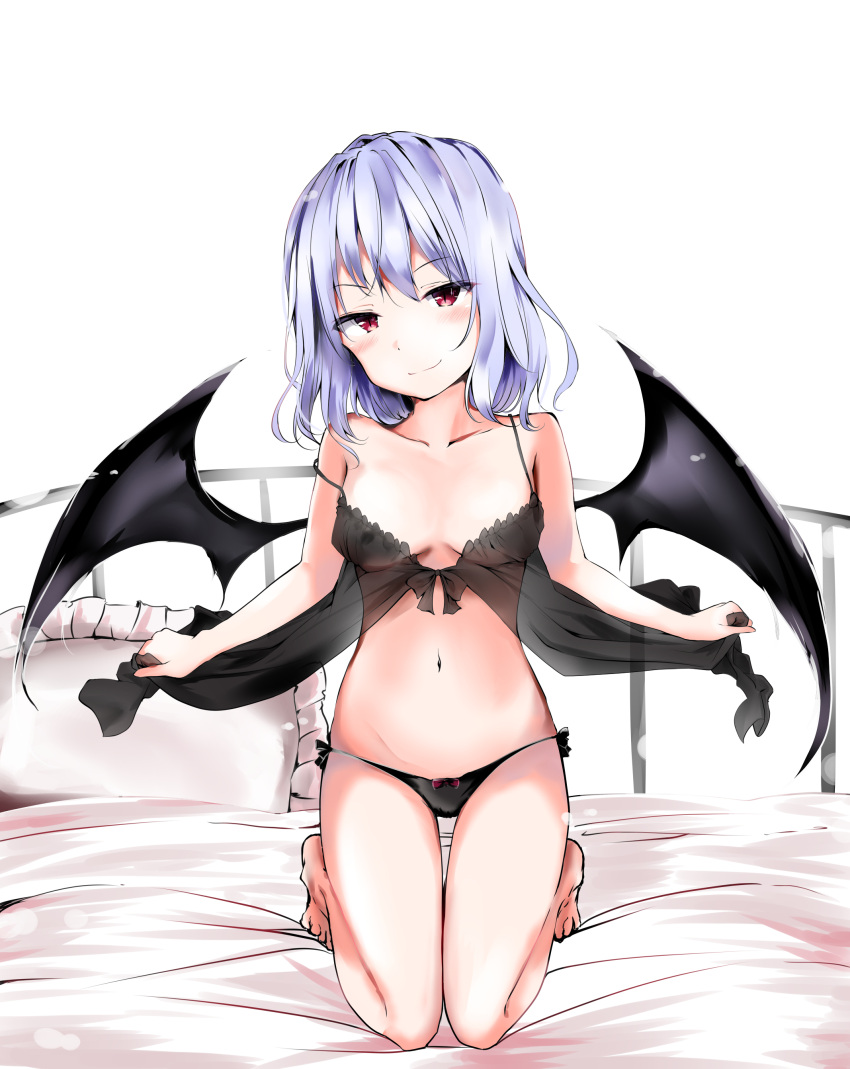 1girl absurdres babydoll bangs bare_legs bare_shoulders barefoot bat_wings black_babydoll black_panties black_wings blush bow bow_panties breasts camisole clothes_lift collarbone eyebrows_visible_through_hair frilled_pillow frills highres kuromiko_shoujo light_blue_hair lingerie medium_breasts midriff naughty_face navel on_bed panties pillow red_eyes remilia_scarlet see-through simple_background small_breasts smile spaghetti_strap stomach touhou underwear underwear_only white_background wings