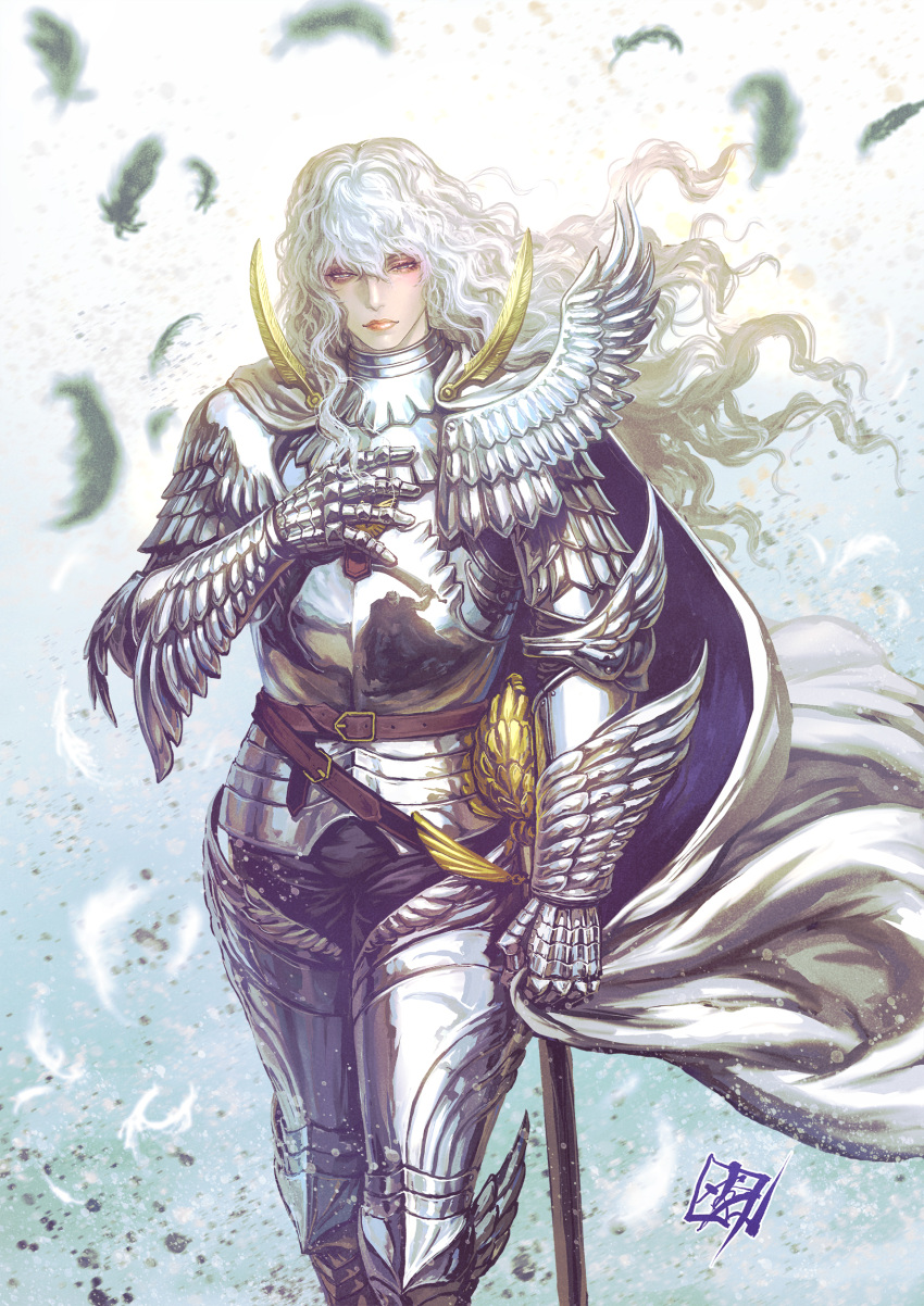 1boy androgynous armor bangs belt berserk breastplate cape cape_removed commentary faulds feathers feet_out_of_frame fujii_eishun gauntlets greaves griffith_(berserk) guts_(berserk) half-closed_eyes hand_on_own_chest highres holding holding_cape holding_clothes leather_belt long_hair looking_at_viewer male_focus pauldrons poleyn reflection sheath sheathed shoulder_armor solo standing sword wavy_hair weapon white_background white_cape white_hair