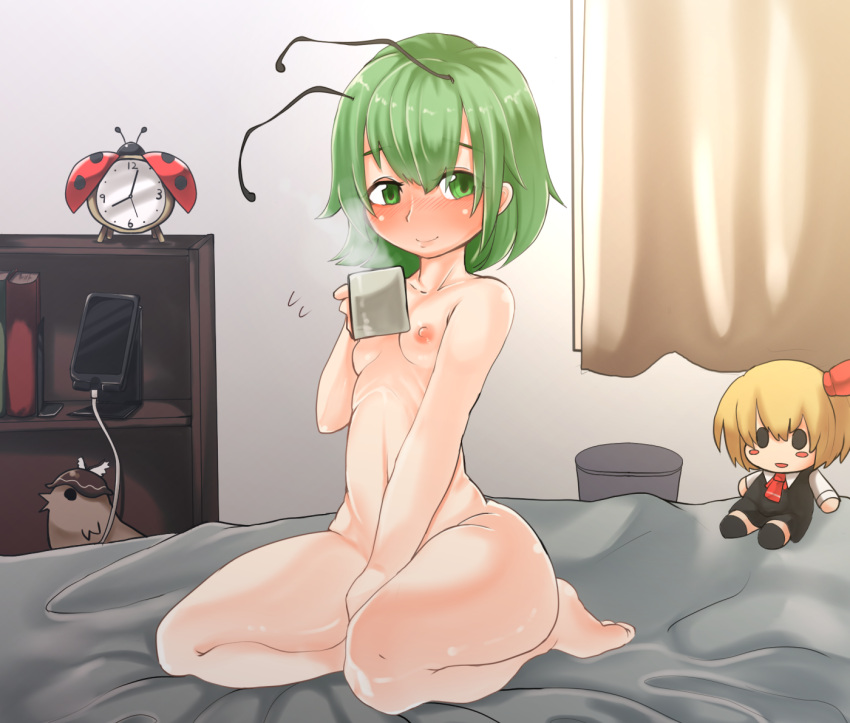 1girl alarm_clock antennae bangs between_legs blush book breasts bug cellphone character_doll charging_device clock closed_mouth commentary_request completely_nude cup curtains flying_sweatdrops full_body green_eyes green_hair hair_between_eyes hand_between_legs holding holding_cup indoors ladybug looking_at_viewer mug mystia_lorelei mystia_lorelei_(bird) nipples nude on_bed phone rumia seiza shelf short_hair sitting small_breasts smartphone smile solo thighs touhou trash_can unimamo wriggle_nightbug