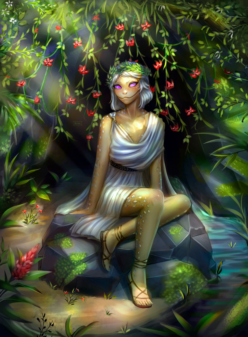 2022 absurd_res animal_humanoid artbyarisu asclepia belt cave clothing creek crossed_legs detailed_background female fern flower footwear herm_(lore) hi_res humanoid laurel_wreath moss no_sclera olive_skin plant pupils purple_eyes reptile reptile_humanoid rock sandals scales scalie scalie_humanoid sitting slit_pupils snake_humanoid solo toga vines white_body white_scales