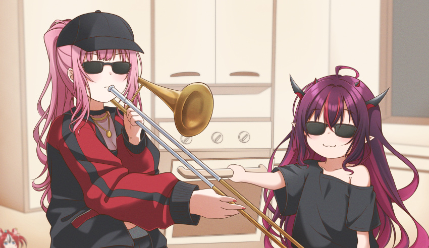 :3 absurdres baseball_cap commentary english_commentary hakos_baelz hat highres hololive hololive_english horns instrument irys_(hololive) jan_azure meme mori_calliope pink_hair pointy_ears ponytail purple_hair red_hair sunglasses trombone upper_body virtual_youtuber when_mama_isn't_home when_you_see_it younger
