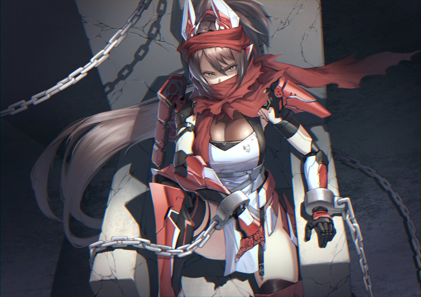 1girl animal_ears armor breasts bright_pupils brown_eyes brown_hair chain chained chromatic_aberration cleavage covered_mouth crack cuffs eyebrows_visible_through_hair fake_animal_ears film_grain highres itaco long_hair looking_at_viewer mechanical_arms original pauldrons ponytail red_scarf scarf science_fiction shackles shoulder_armor sitting solo throne torn torn_clothes torn_scarf very_long_hair white_pupils