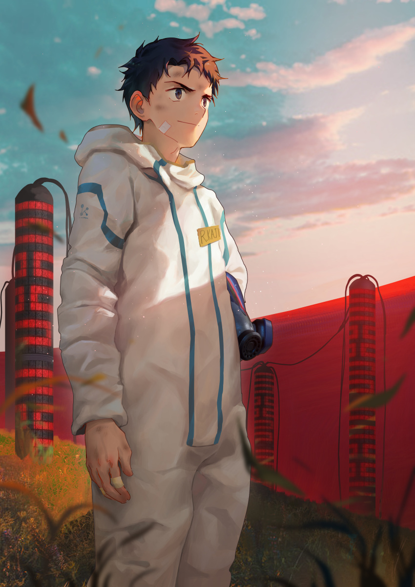 1boy absurdres beitemian bodysuit brown_hair closed_mouth cloud cloudy_sky commentary_request highres holding hood hoodie jumpsuit male_focus morning name_tag original outdoors short_hair sky solo teenage