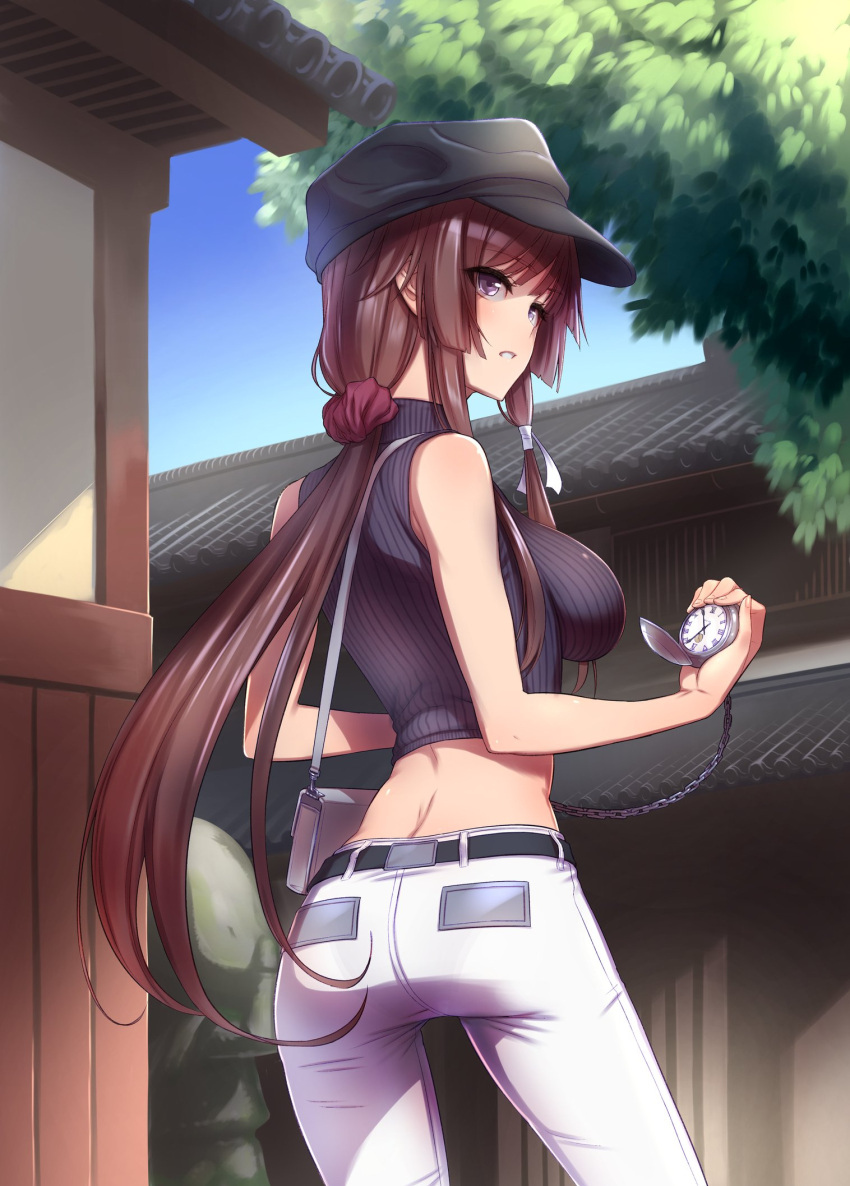 1girl architecture ass belt black_belt black_headwear black_sweater breasts chain commission cropped_sweater east_asian_architecture eyebrows_visible_through_hair from_behind highres holding holding_pocket_watch long_hair looking_to_the_side low_ponytail makishima_azusa medium_breasts muvluv muvluv_alternative muvluv_total_eclipse pants parted_lips pocket_watch purple_eyes ribbed_sweater second-party_source skeb_commission solo sweater takamura_yui tree very_long_hair watch white_pants