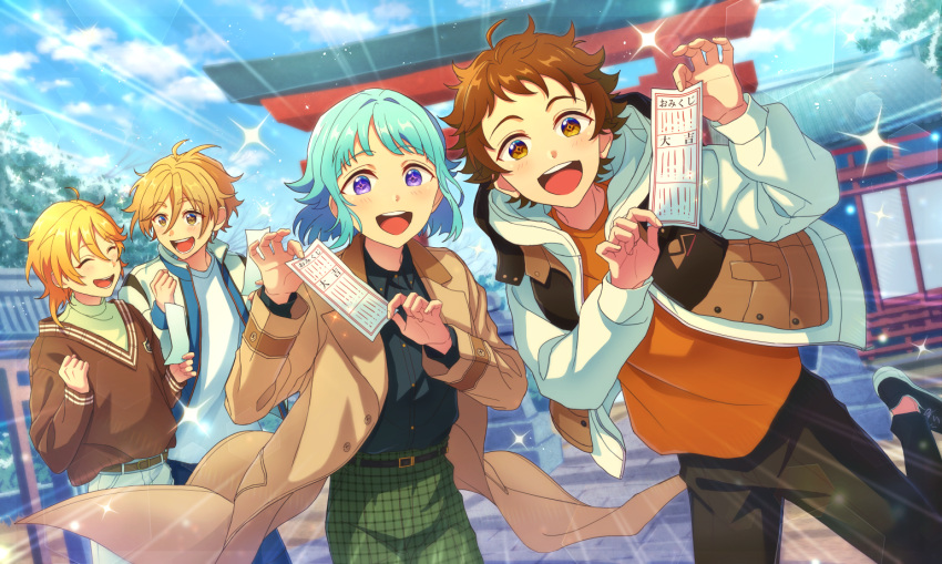 4boys ahoge belt black_shirt blonde_hair blue_hair blue_pants blue_sky blunt_ends brown_belt brown_coat brown_footwear brown_hair brown_pants brown_sweater buttons clenched_hand closed_eyes coat commentary_request cowboy_shot ensemble_stars! excited eyebrows_visible_through_hair foot_out_of_frame green_pants hair_between_eyes hanzou_(naruco174) happy holding holding_paper jacket long_sleeves mashiro_tomoya multiple_boys nito_nazuna open_clothes open_jacket open_mouth orange_shirt outdoors pants paper plaid plaid_legwear purple_eyes rabbits_(ensemble_stars!) shino_hajime shirt shoes short_hair shrine sky smile sparkle sparkling_eyes sweater teeth tenma_mitsuru tongue torii translation_request tree upper_teeth white_jacket white_pants white_shirt yellow_eyes