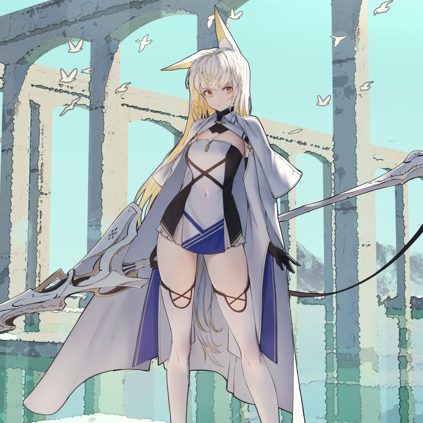 1girl absurdres animal animal_ear_fluff animal_ears bird black_gloves blonde_hair breasts cape cleavage closed_mouth covered_navel cropped detached_sleeves elbow_gloves fox_ears fox_girl frills gloves highres holding holding_polearm holding_weapon itaco long_hair long_sleeves mountain multicolored_hair off_shoulder original outdoors painterly polearm red_eyes reflection ruins skindentation solo spear thighhighs turtleneck water weapon white_cape white_hair white_legwear wide_sleeves zipper_pull_tab