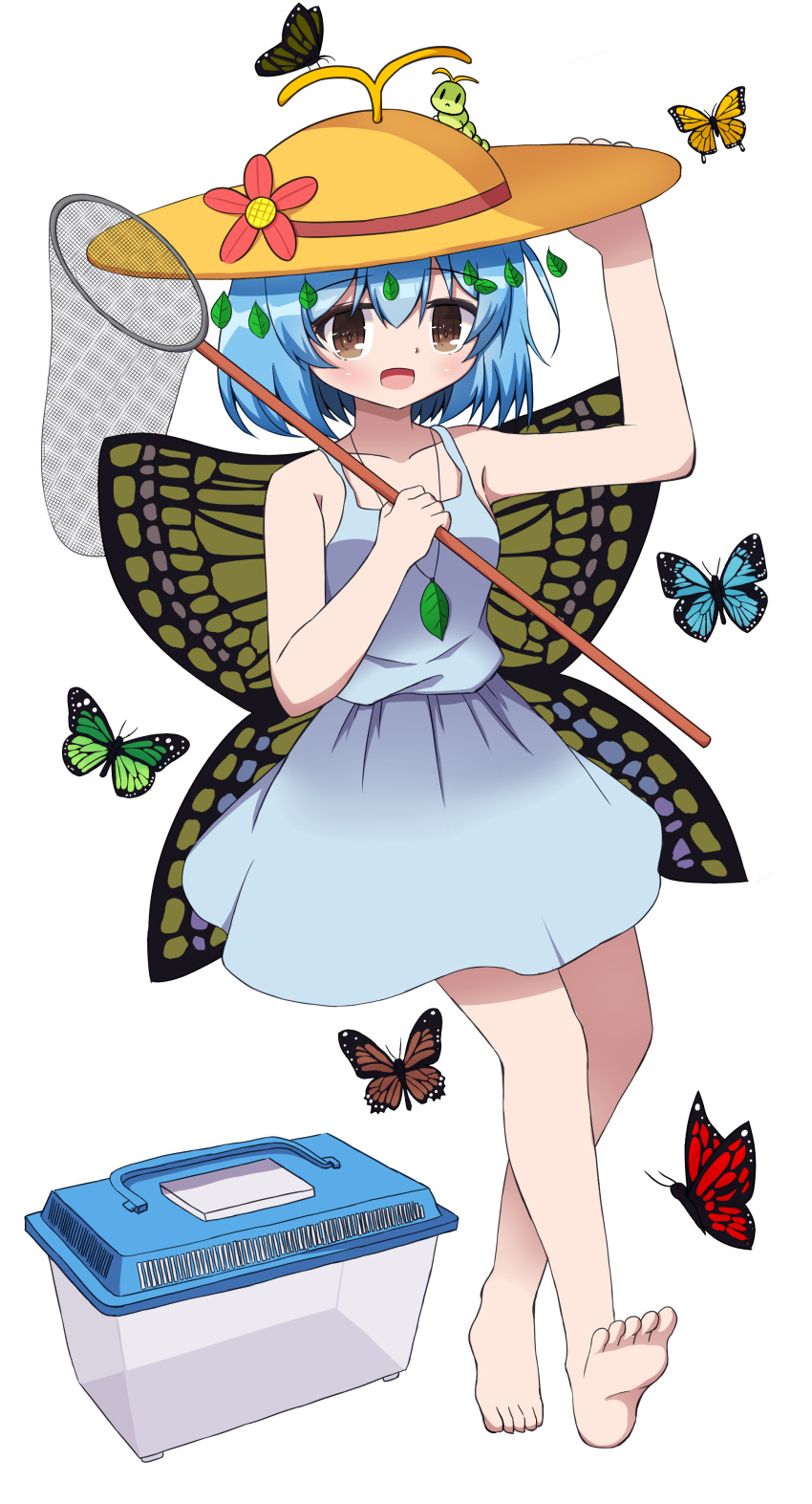 1girl absurdres animal antennae aqua_hair barefoot brown_eyes bug butterfly butterfly_net butterfly_wings caterpillar chaleu dress eternity_larva fairy full_body hand_net hat highres holding holding_butterfly_net insect_cage short_hair solo sun_hat sundress touhou transparent_background wings