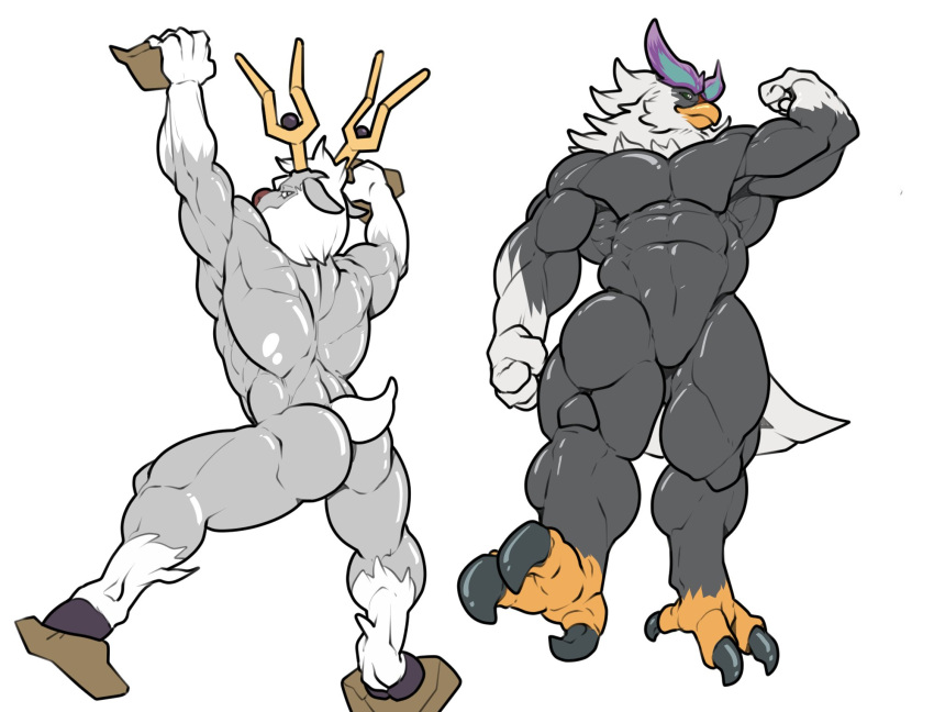 2022 anthro back_muscles barazoku braviary climbing duo flexing hi_res looking_at_viewer looking_back male muscular muscular_male muscular_thighs nintendo pok&eacute;mon pok&eacute;mon_(species) simple_background trencalos video_games wyrdeer