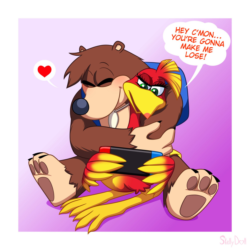 anthro avian backpack banjo-kazooie banjo_(banjo-kazooie) beak bird black_nose blue_backpack bottomwear breegull brown_body brown_fur claws clothed clothing dialogue digital_media_(artwork) duo embrace eyelashes eyes_closed feathered_wings feathers female fur green_eyes head_tuft hi_res holding_object hug kazooie male mammal nintendo nintendo_switch rareware red_body shark_tooth_necklace simple_background skeletonguys-and-ragdolls smile speech_bubble tuft ursid video_games wings