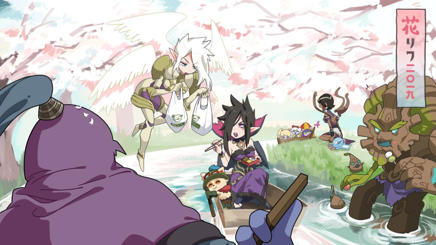 4boys 6+girls :d angel_wings bangs bare_shoulders blue_eyes boat breasts cherry_blossoms chopsticks dark-skinned_female dark_skin dress fish_boy fizz_(league_of_legends) flying from_behind fur_trim goggles goggles_on_head hair_over_one_eye hat highres hiyari_(hiyarilol) holding holding_chopsticks jax_(league_of_legends) karma_(league_of_legends) kayle_(league_of_legends) large_breasts league_of_legends lulu_(league_of_legends) lying maokai morgana_(league_of_legends) multiple_boys multiple_girls multiple_wings nail_polish on_back open_mouth outdoors pointy_ears poppy_(league_of_legends) purple_dress purple_nails river seiza siblings sisters sitting smile teemo teeth translation_request tree tristana upper_teeth water watercraft white_hair white_wings wings yordle