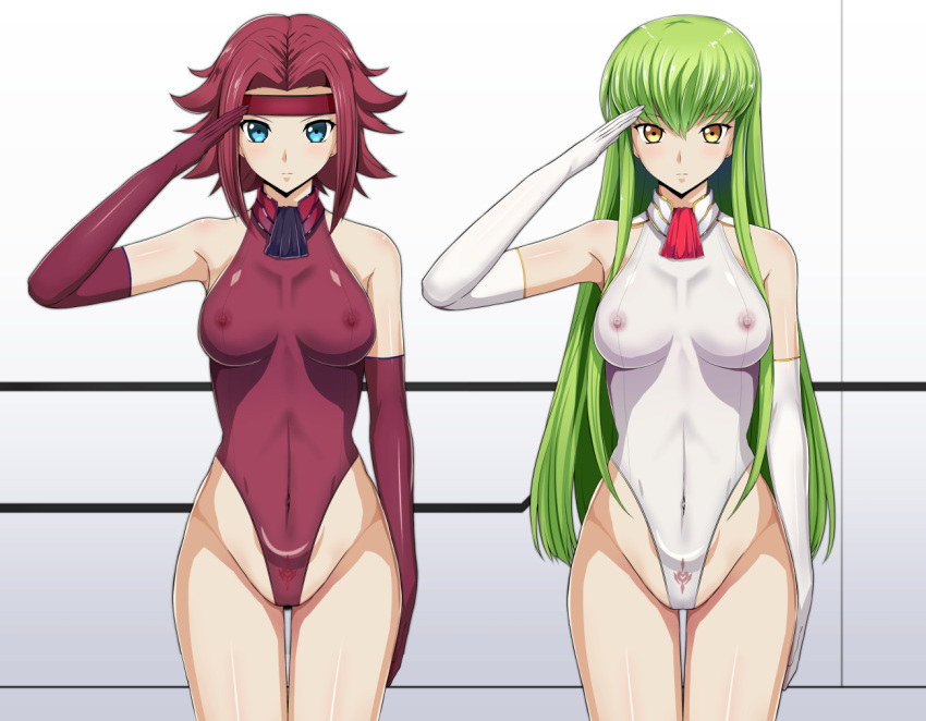 2girls blue_eyes breasts c.c. code_geass daiaru elbow_gloves gloves green_hair headband kallen_stadtfeld long_hair multiple_girls red_gloves red_hair salute see-through shiny shiny_skin swimsuit tattoo white_gloves yellow_eyes