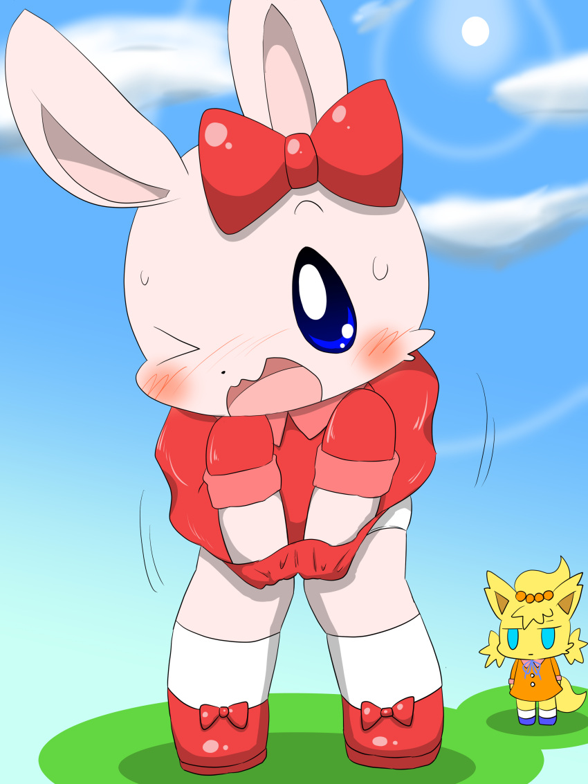 &lt;3 absurd_res anthro blush bow_tie canid canine clothing cloud covering dress duo female footwear fox hi_res kitsune_(tatwuyan) lagomorph leporid mammal one_eye_closed outside rabbit shoes sun tatwuyan thought_bubble underwear usagi_(tatwuyan) wind wink