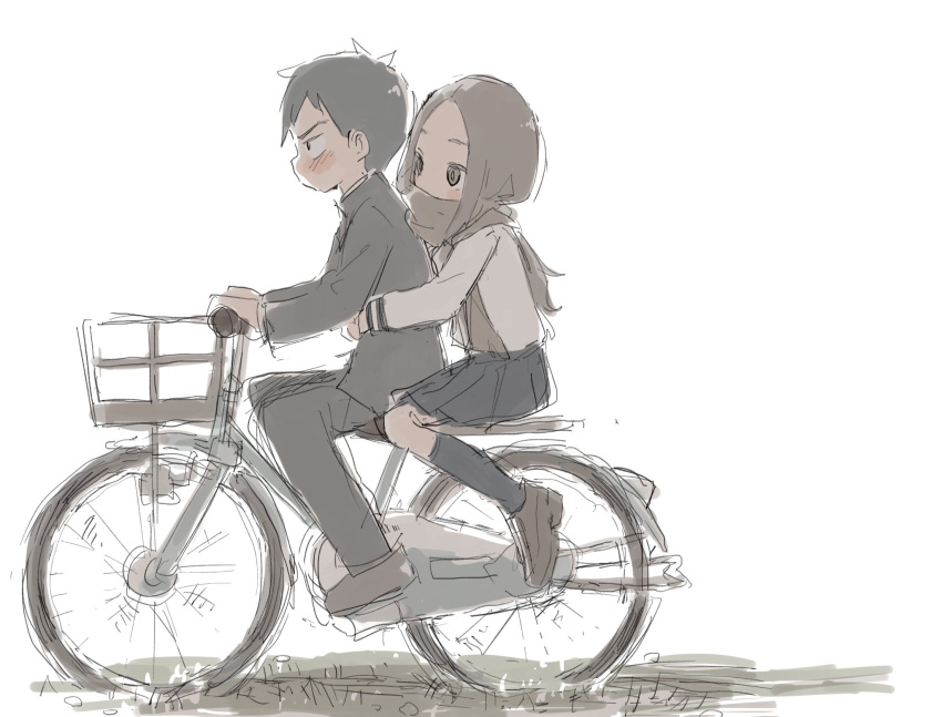 1boy 1girl bicycle blush ground_vehicle highres nishikata sayaaaaaa_11 scarf sketch takagi-san