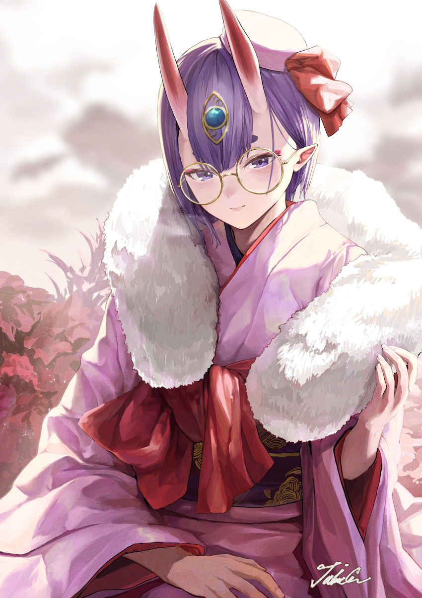 1girl absurdres bangs bob_cut bow breasts choker dress_for_demons eyeliner fate/grand_order fate_(series) glasses hat headpiece highres horns japanese_clothes kimono long_sleeves looking_at_viewer makeup mini_hat obi oni oni_horns pink_headwear pink_kimono pointy_ears purple_eyes purple_hair red_bow sash short_hair shuten_douji_(fate) skin-covered_horns small_breasts taino_kou wide_sleeves