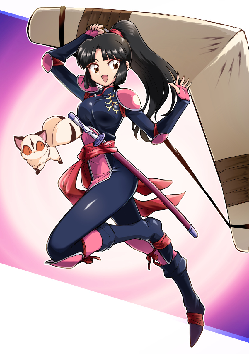 :d absurdres armor bangs black_hair bodysuit boomerang elbow_pads eyebrows_visible_through_hair eyeliner full_body highres holding holding_weapon inuyasha kirara_(inuyasha) knee_pads makeup open_mouth pauldrons ponytail sango sheath sheathed shoulder_armor skin_tight smile sword usoco weapon