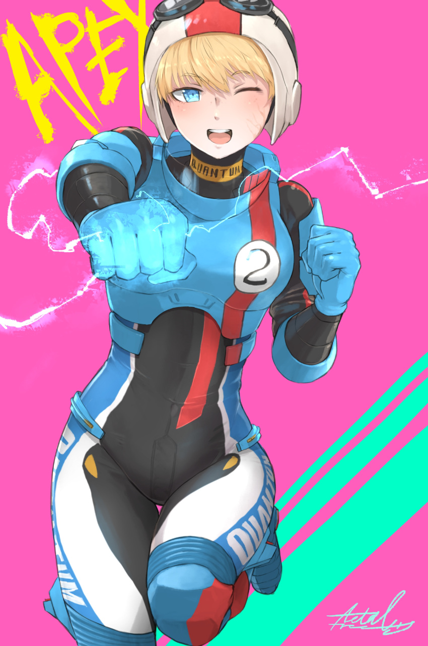 1girl absurdres apex_legends armor bangs blue_bodysuit blue_eyes blue_gloves blush bodysuit breastplate breasts clenched_hands electricity gloves goggles goggles_on_headwear helmet highres looking_at_viewer looking_to_the_side medium_breasts metalfrog official_alternate_costume one_eye_closed pink_background scar scar_on_cheek scar_on_face signature smile solo wattson_(apex_legends) white_headwear wired_for_speed_wattson