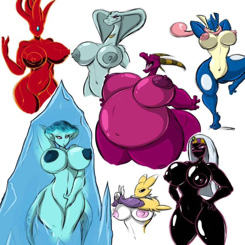 2018 alien anthro arms_in_front bandai_namco belly big_belly big_breasts black_body black_skin blue_body blue_skin breasts covering covering_crotch dark_queen_oriale digimon digimon_(species) dragon duck_dodgers eyes_closed female fur greninja group hair hands_behind_back hands_on_hips hi_res horn ludmilla_(bartok) marine multiple_images navel nintendo nipples nude ocarina_of_time one_leg_up open_mouth pink_body pok&eacute;mon pok&eacute;mon_(species) princess_ruto queen_tyr'ahnee raised_leg red_body renamon reptile scales scalie shinysteel smile smirk snake spread_arms the_legend_of_zelda video_games zora