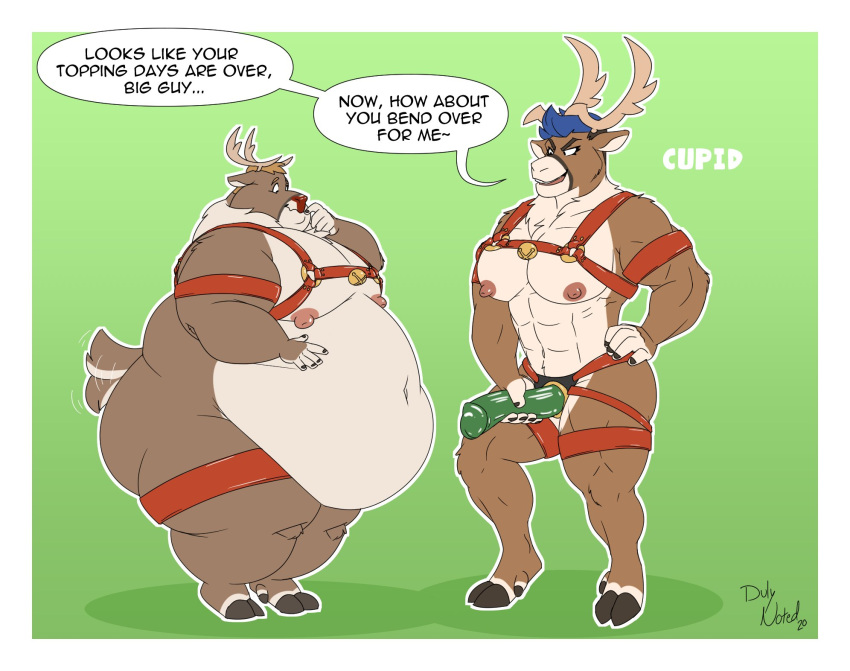 abs anthro antlers bell belly big_belly blue_hair breasts capreoline cervid cupid_(reindeer) dildo dominant dominant_female duly_noted duo female hair hand_on_hip harness hi_res hooves horn hyper hyper_belly imminent_sex male male/female mammal moobs muscular muscular_female nipples obese obese_male overweight overweight_male reindeer rudolph_the_red-nosed_reindeer sex_toy strapon tail_motion tailwag weight_gain