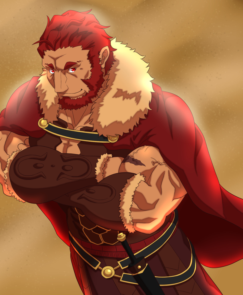 1boy bara beard cape crossed_arms dark-skinned_male dark_skin facial_hair fate/zero fate_(series) feet_out_of_frame from_above fur-trimmed_cape fur_trim greek_clothes highres iskandar_(fate) keijimohumohu male_focus mature_male muscular muscular_male pectoral_cleavage pectorals red_cape red_eyes red_hair short_hair smile solo thick_eyebrows