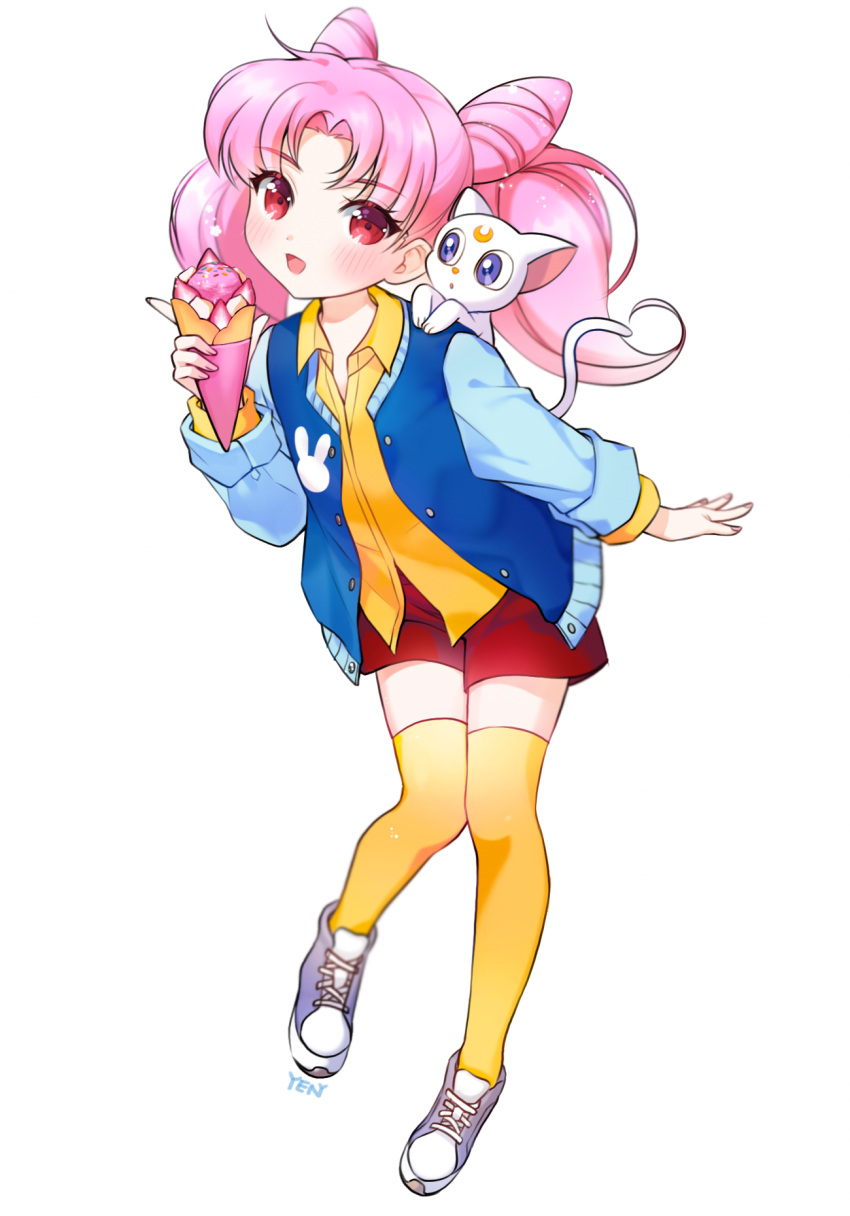 1girl 1other animal_on_shoulder artemis_(sailor_moon) cat cat_on_shoulder chibi_usa crepe food full_body green_eyes highres jacket letterman_jacket long_hair looking_at_viewer pink_hair pita_(ppp) red_shorts shoes shorts simple_background sneakers standing thighhighs twintails white_background white_cat yellow_legwear
