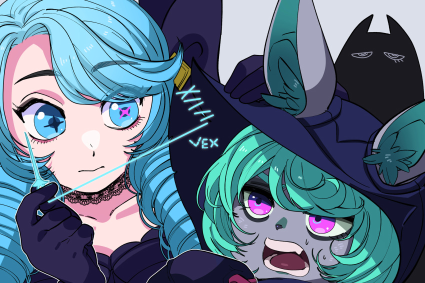 2girls bangs black_gloves black_robe blue_hair closed_mouth collarbone colored_skin drill_hair eyebrows_visible_through_hair fang gloves green_eyes green_hair grey_background grey_skin gwen_(league_of_legends) highres hiyari_(hiyarilol) hood hood_up hooded_robe league_of_legends long_hair looking_at_another multiple_girls needle open_mouth outline pink_eyes portrait sewing sewing_needle short_hair simple_background star-shaped_pupils star_(symbol) swept_bangs symbol-shaped_pupils teeth twin_drills vex_(league_of_legends) white_outline yordle