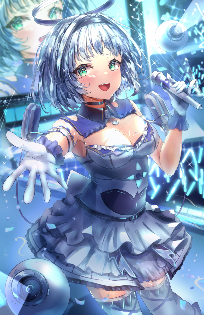1girl absurdres angel breasts detached_collar dress frills gloves green_eyes hai_0013 hair_intakes hairband highres holding holding_microphone idol idol_clothes kamishiro_rita layered_skirt mechanical_halo microphone music open_mouth prism_project singing skirt sleeveless sleeveless_dress solo stage thighhighs white_gloves white_hair