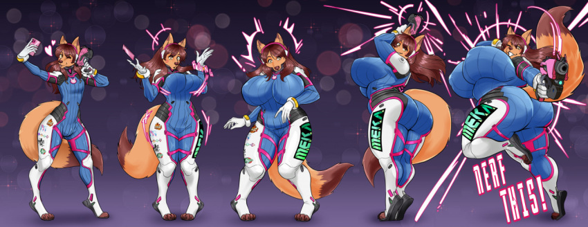 anthro big_breasts blizzard_entertainment bodysuit breast_growth breasts butt canid canine clothing cocoa_(dragonmegaxx) cosplay curvy_figure d.va_(overwatch) digitigrade expansion female fox gender_transformation girly growth gun hair hip_expansion huge_breasts iamqueenlion long_hair male mammal mtf_transformation overwatch pose raised_tail ranged_weapon selfie skinsuit solo thick_thighs tight_clothing transformation transformation_sequence video_games voluptuous weapon weight_gain