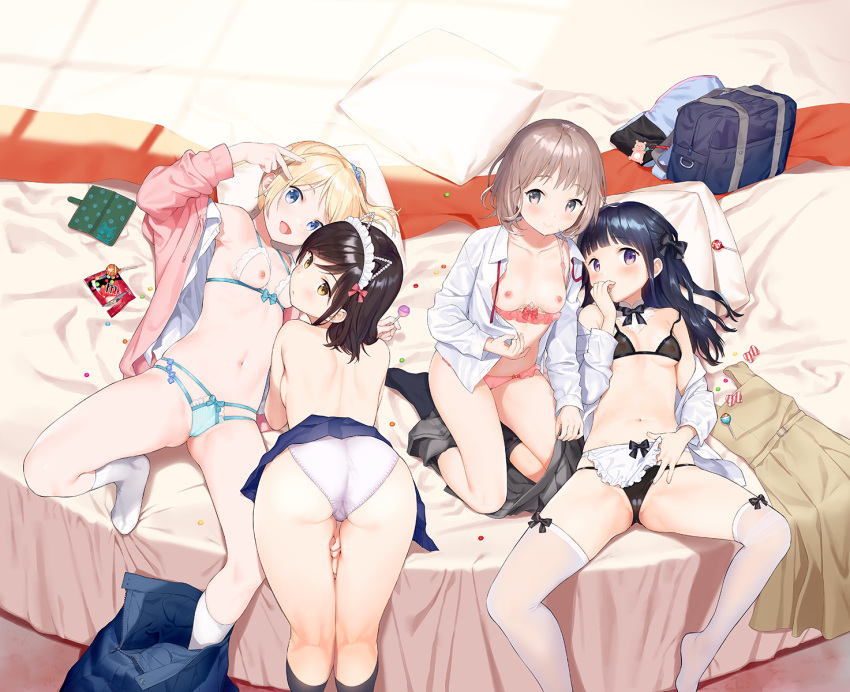4girls :d arm_up armpits ass back bag_charm bangs bent_over black_bow black_hair black_legwear black_panties blonde_hair blue_eyes blue_scrunchie blue_skirt blunt_bangs blush bob_cut bow breasts cameltoe candy charm_(object) closed_mouth clothes_down collarbone comic_bavel covered_mouth covering_mouth diagonal-striped_bow dot_nose drawstring dress_shirt eyebrows_visible_through_hair feet_out_of_frame folded_leg food foot_out_of_frame frills from_behind hair_bow hair_ornament hair_scrunchie hair_spread_out half_updo hand_over_own_mouth highres holding holding_candy holding_food holding_lollipop indoors kneehighs kneepits light_brown_eyes light_brown_hair lingerie lollipop looking_back looking_to_the_side m&amp;m's miniskirt multiple_girls navel nipples no_shoes on_bed open_clothes open_mouth open_shirt original panties parted_lips partially_undressed partially_visible_vulva pleated_skirt product_placement purple_eyes scrunchie sekiya_asami shirt short_ponytail side_ponytail sideboob skindentation skirt small_breasts smartphone_case smile spaghetti_strap stomach strap_slip string_panties striped striped_bow swept_bangs tareme thighhighs thighs underwear undressing v white_legwear white_panties window_shade