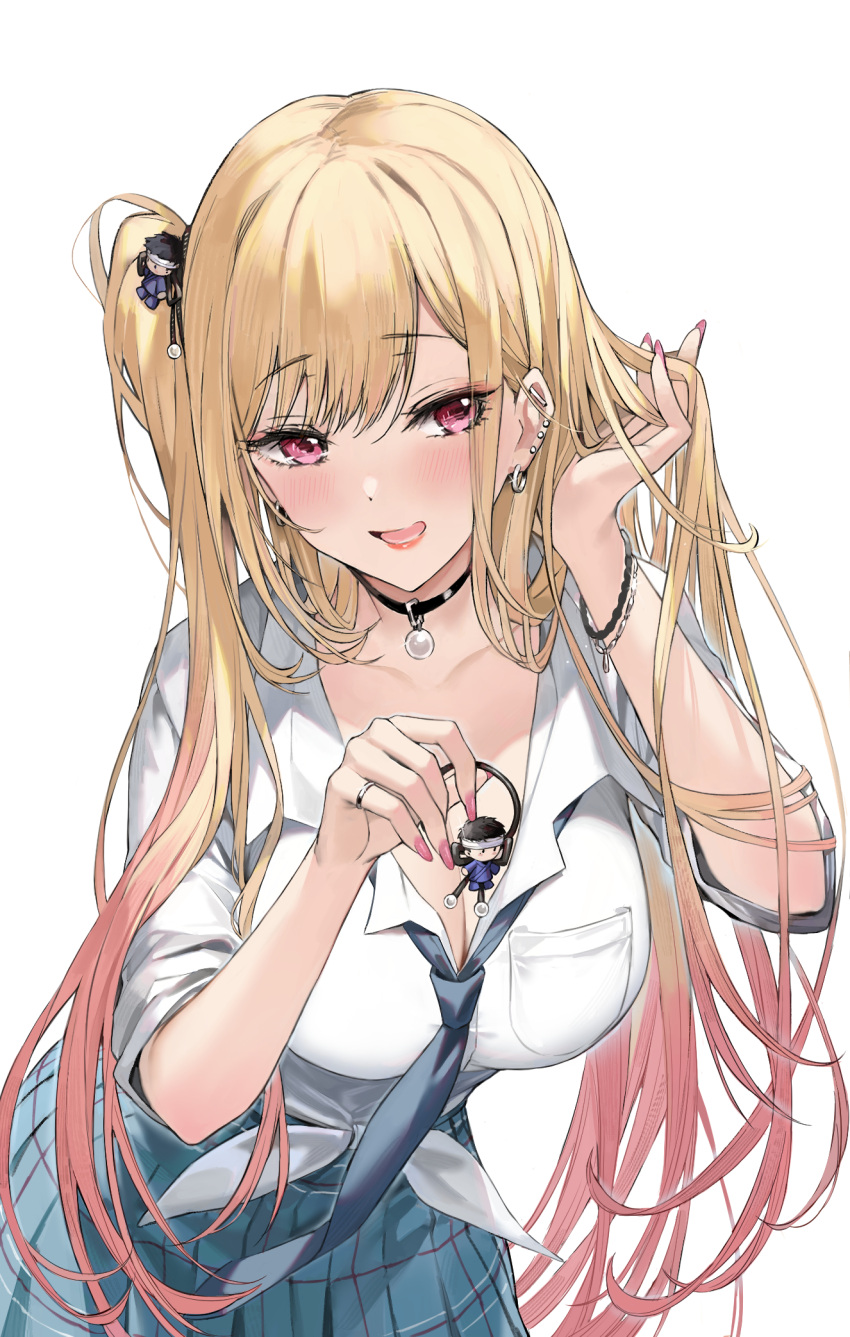1girl :d bangs black_choker black_necktie blonde_hair blue_skirt blush bracelet breast_pocket breasts character_doll character_request choker cleavage collarbone cowboy_shot ear_piercing earrings eyebrows_visible_through_hair fingernails gradient_hair gyaru highres holding jewelry kitagawa_marin large_breasts leaning_forward long_fingernails long_hair looking_at_viewer mo_xiaoxue multicolored_hair nail_polish necktie one_side_up open_mouth piercing pink_eyes pink_hair pink_nails plaid plaid_skirt pleated_skirt pocket ring school_uniform side_ponytail skirt smile solo sono_bisque_doll_wa_koi_wo_suru tying_hair very_long_hair
