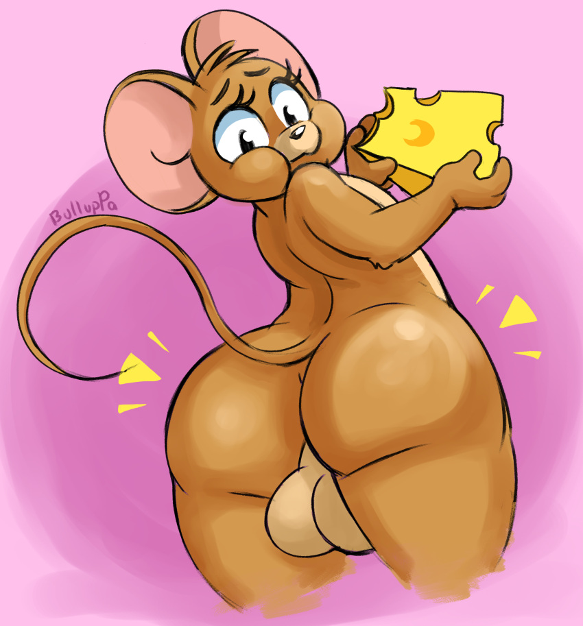 anthro backsack balls big_butt brown_body brown_fur bulluppa butt cheese dairy_products digital_media_(artwork) eating eyelashes food fur genitals hi_res holding_food holding_object jerry_mouse looking_at_viewer looking_back male mammal metro-goldwyn-mayer mouse murid murine nude rodent solo thick_thighs tom_and_jerry