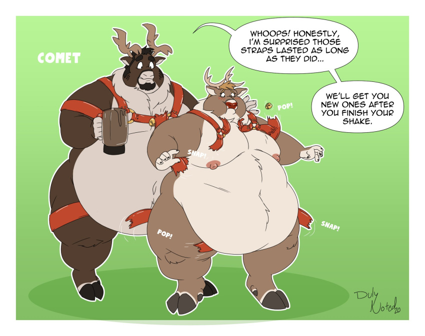 anthro antlers bell belly big_belly capreoline cervid clothing comet_(reindeer) dialogue duly_noted duo harness hi_res hooves horn hyper hyper_belly male male/male mammal nipples obese obese_male overweight overweight_male reindeer rudolph_the_red-nosed_reindeer shake torn_clothing weight_gain