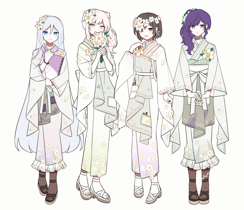 1other 3girls :d akiyama_mizuki asahina_mafuyu bangs black_footwear black_legwear blue_eyes blush bouquet bow bracelet braid brown_eyes brown_hair closed_mouth expressionless floral_print flower flower_brooch frilled_kimono frills grey_apron hair_flower hair_ornament high_ponytail highres holding holding_bouquet holding_sketchbook japanese_clothes jewelry kimono long_hair long_sleeves looking_at_viewer multiple_girls narcissus_(flower) paintbrush pink_eyes pink_hair pocket print_kimono project_sekai purple_eyes purple_hair shinonome_ena shoes short_hair side_ponytail sidelocks sketchbook smile toeless_footwear very_long_hair waka_(wk4444) white_bow white_flower white_footwear white_hair white_kimono white_legwear wide_sleeves yoisaki_kanade