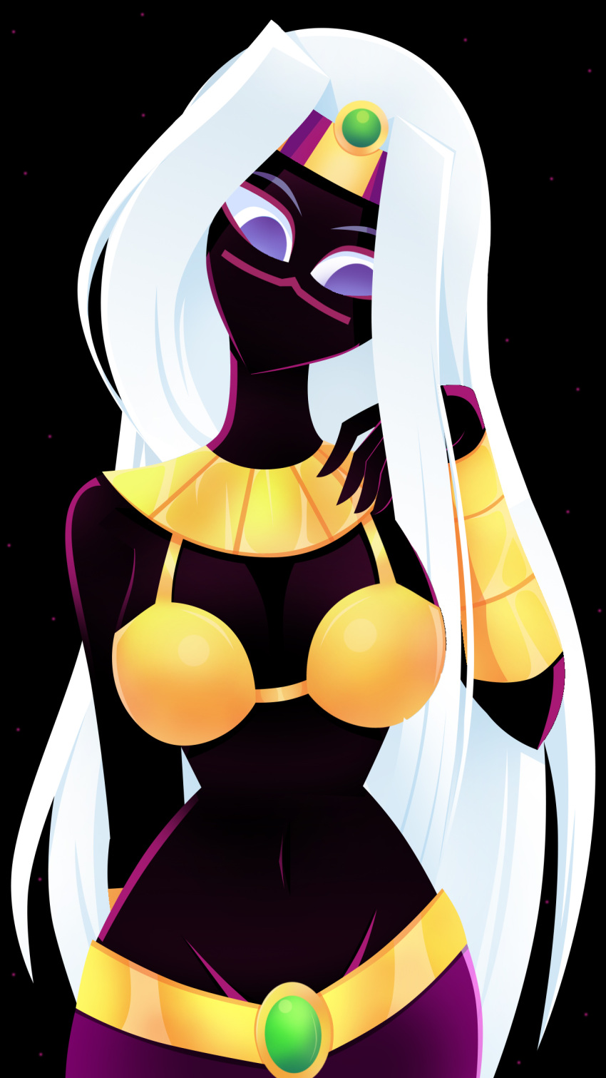 alien black_background bra bracelet breasts clothing dark_body dark_skin duck_dodgers gold_(metal) gold_bracelet gold_jewelry hair headpiece hi_res jewelry long_hair martian purple_eyes queen_tyr'ahnee simple_background small_waist underwear xan-gelx