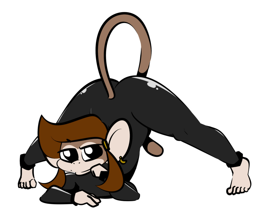 1-upclock 2022 5_toes alpha_channel anthro ass_up black_eyes black_jumpsuit brown_body brown_fur brown_hair clothing ear_piercing ear_ring feet female front_view fur hair haplorhine hi_res izzy_(1-upclock) jack-o'_pose jumpsuit looking_away mammal monkey piercing pose primate simple_background solo tan_body tan_fur tight_clothing toes transparent_background