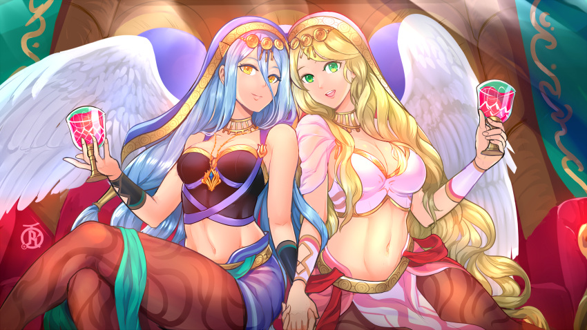 2girls alternate_costume angel_wings artist_logo azura_(fire_emblem) bangs bare_shoulders blonde_hair blue_hair breasts capelet choker cleavage closed_mouth cup detached_collar fire_emblem fire_emblem:_radiant_dawn fire_emblem_fates fire_emblem_heroes gold_trim green_eyes habit highres holding holding_cup holding_hands jewelry leanne_(fire_emblem) midriff multiple_girls navel necklace off-shoulder_shirt off_shoulder open_mouth pantyhose pelvic_curtain print_legwear revolverwing shirt smile strapless white_wings wings yellow_eyes