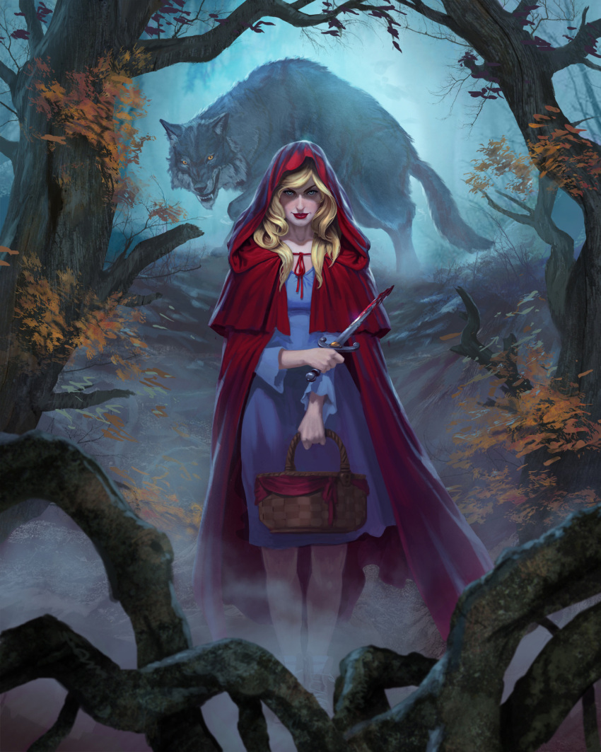 1girl basket big_bad_wolf_(grimm) blonde_hair blood blood_on_knife blue_dress blue_eyes cloak diego_gisbert_llorens dress fangs forest highres holding holding_knife hood hood_up hooded_cloak knife lipstick little_red_riding_hood little_red_riding_hood_(grimm) makeup nature picnic_basket red_cloak red_hood red_lips tree wolf