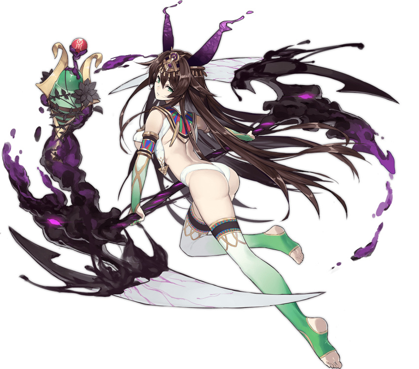 1girl ark_order ass bangs breast_curtain breasts bridal_gauntlets brown_hair darkness egyptian elbow_gloves full_body gloves gold_trim gradient gradient_legwear green_eyes green_legwear green_nails hair_flaps headpiece holding holding_scythe horns k_suke_(weibo) large_breasts liquid_horns long_hair looking_at_viewer official_art osiris_(ark_order) panties purple_horns scythe sidelocks solo stirrup_legwear tachi-e thighhighs toeless_legwear transparent_background underwear very_long_hair white_legwear white_panties