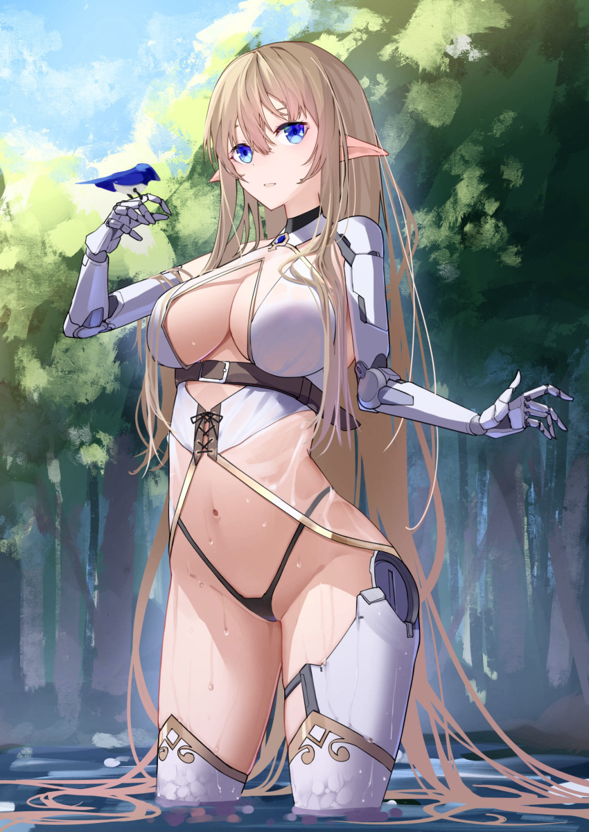 1girl absurdres animal_on_hand apple_field bird bird_on_hand black_panties blonde_hair blue_eyes blush breasts cleavage cowboy_shot elf highres large_breasts long_hair long_pointy_ears mechanical_arms no_pants original panties partially_submerged pointy_ears smile solo string_panties underwear