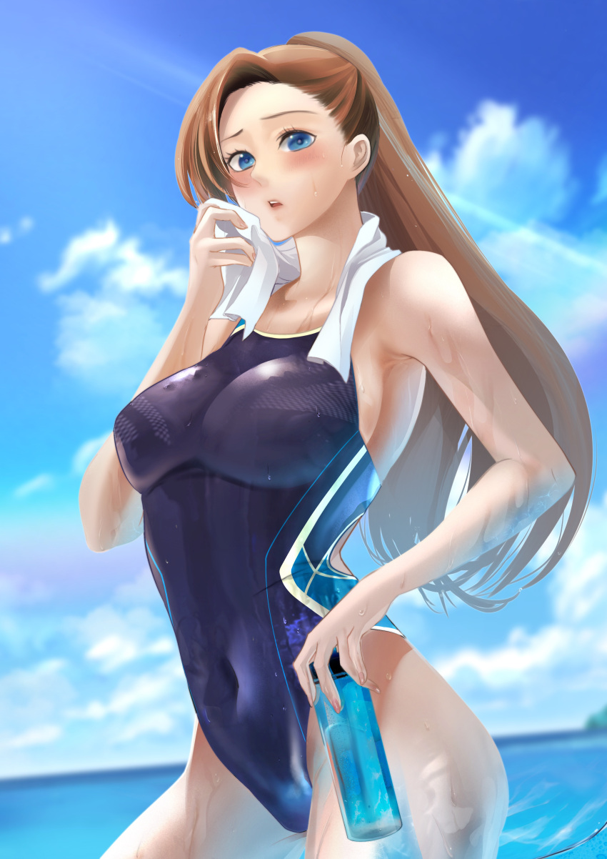 1girl absurdres aqua_eyes bangs blue_sky blurry blurry_background blush bottle breasts brown_hair cloud commentary_request competition_swimsuit covered_navel cowboy_shot day hair_ribbon highres horizon katarina_claes lavenderpa long_hair medium_breasts ocean one-piece_swimsuit otome_game_no_hametsu_flag_shika_nai_akuyaku_reijou_ni_tensei_shite_shimatta outdoors ribbon sky solo swept_bangs swimsuit towel towel_around_neck upper_body water_bottle