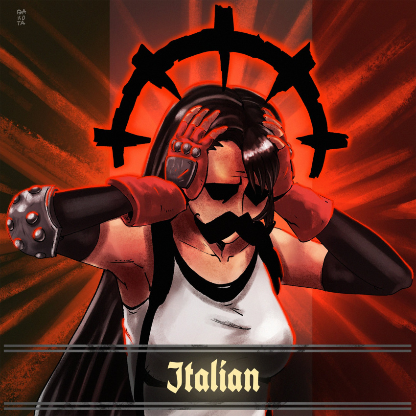 1girl affliction_(darkest_dungeon) commentary dakota_a_degarmo darkest_dungeon depressed elbow_gloves elbow_pads english_commentary fake_facial_hair fake_mustache final_fantasy final_fantasy_vii gloves hands_on_own_head hands_up highres italian_senate_hack meme parody red_background red_gloves shirt signature solo tifa_lockhart upper_body white_shirt