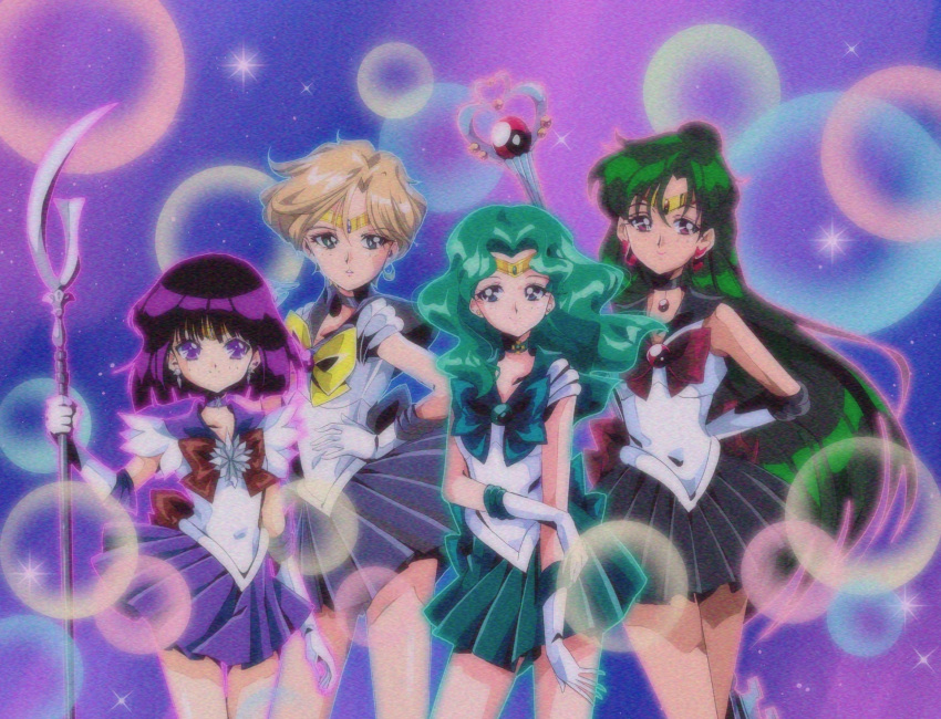 4girls aqua_hair back_bow bangs bishoujo_senshi_sailor_moon black_choker black_hair black_sailor_collar black_skirt blonde_hair blue_bow blue_choker blue_eyes blue_sailor_collar blue_skirt bob_cut bow brooch choker closed_mouth cowboy_shot earrings garnet_rod gloves green_choker green_hair green_sailor_collar green_skirt hair_bun heart_wand highres holding holding_polearm holding_staff holding_weapon jewelry kaiou_michiru light_particles long_hair looking_at_viewer medium_hair meiou_setsuna multicolored_background multiple_girls official_style outer_senshi parted_bangs parted_lips pleated_skirt polearm purple_choker purple_eyes purple_sailor_collar purple_skirt red_bow red_eyes sailor_collar sailor_neptune sailor_pluto sailor_saturn sailor_senshi sailor_senshi_uniform sailor_uranus short_hair shunciwi silence_glaive skirt smile staff standing star_(symbol) star_brooch star_choker tamegai_katsumi_(style) ten'ou_haruka tomoe_hotaru wavy_hair weapon white_gloves yellow_bow