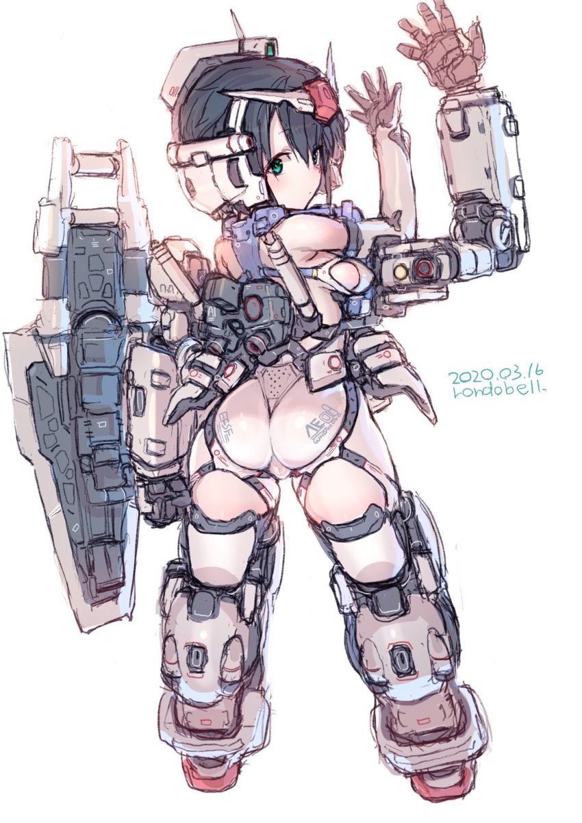 1girl artist_name ass bangs black_hair boots dated extra_arms from_behind green_eyes gundam gundam_0083 gundam_gp-01_zephyranthes highres holding holding_shield mecha_musume mechanical_arms open_hands personification rondo_bell shield short_hair solo thigh_boots thighhighs v-fin